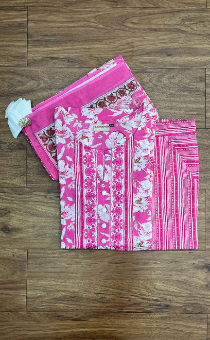 Pink Garden Jaipur Cotton Kurti With Pant And Dupatta Set.Pure Versatile Cotton. | Laces and Frills