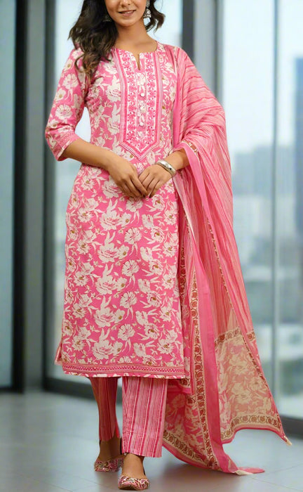 Pink Garden Jaipur Cotton Kurti With Pant And Dupatta Set.Pure Versatile Cotton. | Laces and Frills