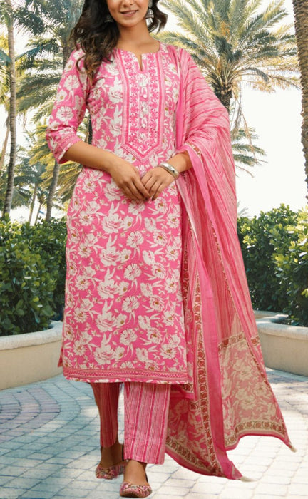 Pink Garden Jaipur Cotton Kurti With Pant And Dupatta Set.Pure Versatile Cotton. | Laces and Frills