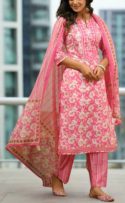 Pink Garden Jaipur Cotton Kurti With Pant And Dupatta Set.Pure Versatile Cotton. | Laces and Frills