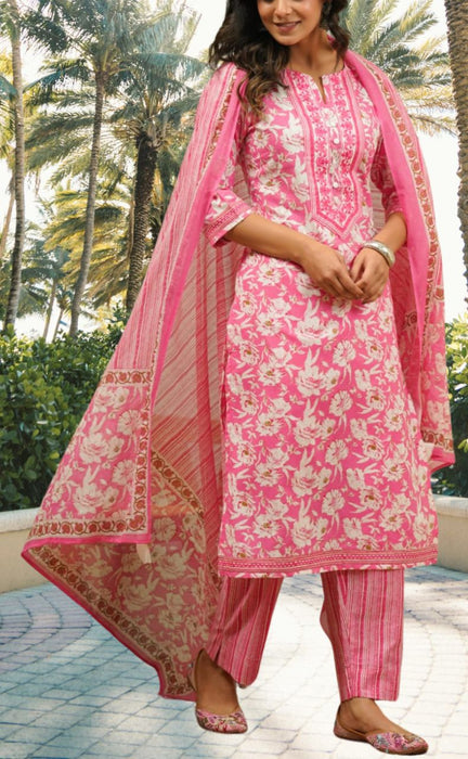 Pink Garden Jaipur Cotton Kurti With Pant And Dupatta Set.Pure Versatile Cotton. | Laces and Frills