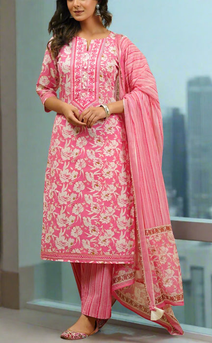 Pink Garden Jaipur Cotton Kurti With Pant And Dupatta Set.Pure Versatile Cotton. | Laces and Frills