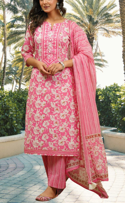 Pink Garden Jaipur Cotton Kurti With Pant And Dupatta Set.Pure Versatile Cotton. | Laces and Frills