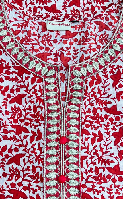 Red Embroidery Jaipur Cotton Kurti With Pant And Dupatta Set.Pure Versatile Cotton. | Laces and Frills