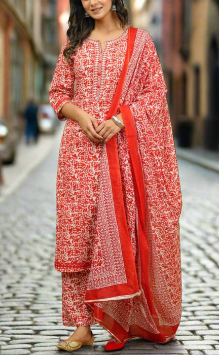 Red Embroidery Jaipur Cotton Kurti With Pant And Dupatta Set.