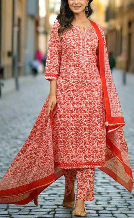 Red Embroidery Jaipur Cotton Kurti With Pant And Dupatta Set.