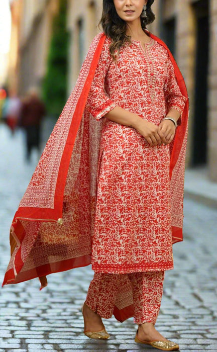 Red Embroidery Jaipur Cotton Kurti With Pant And Dupatta Set.