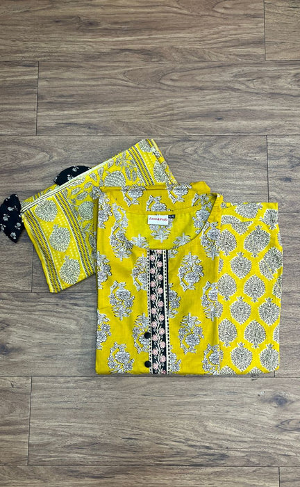 Yellow Floral Jaipur Cotton Kurti With Pant And Dupatta Set.Pure Versatile Cotton. | Laces and Frills