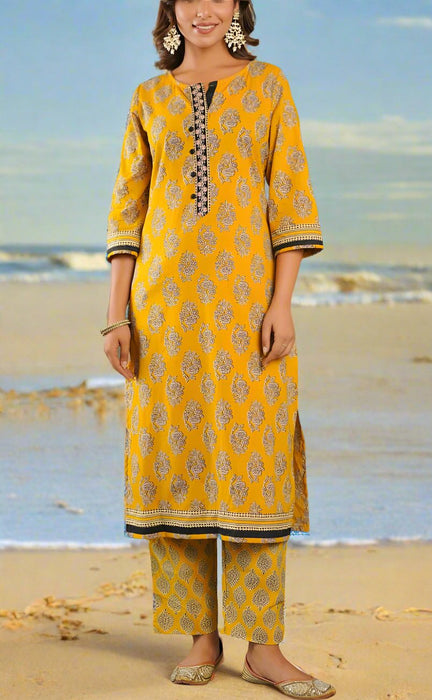 Yellow Floral Jaipur Cotton Kurti With Pant And Dupatta Set.Pure Versatile Cotton. | Laces and Frills