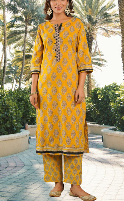 Yellow Floral Jaipur Cotton Kurti With Pant And Dupatta Set.Pure Versatile Cotton. | Laces and Frills