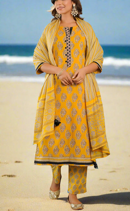 Yellow Floral Jaipur Cotton Kurti With Pant And Dupatta Set.Pure Versatile Cotton. | Laces and Frills