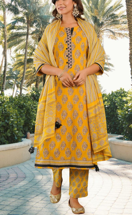 Yellow Floral Jaipur Cotton Kurti With Pant And Dupatta Set.Pure Versatile Cotton. | Laces and Frills