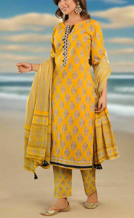 Yellow Floral Jaipur Cotton Kurti With Pant And Dupatta Set.Pure Versatile Cotton. | Laces and Frills