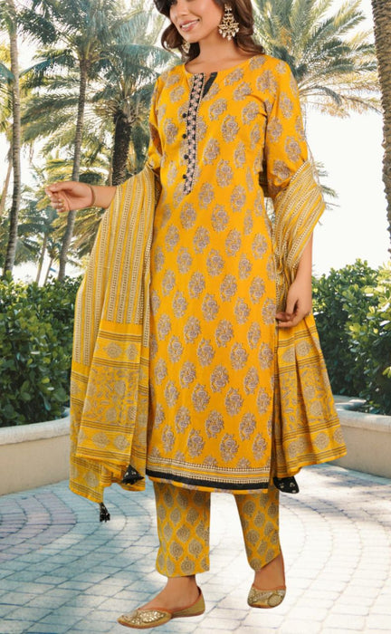 Yellow Floral Jaipur Cotton Kurti With Pant And Dupatta Set.Pure Versatile Cotton. | Laces and Frills