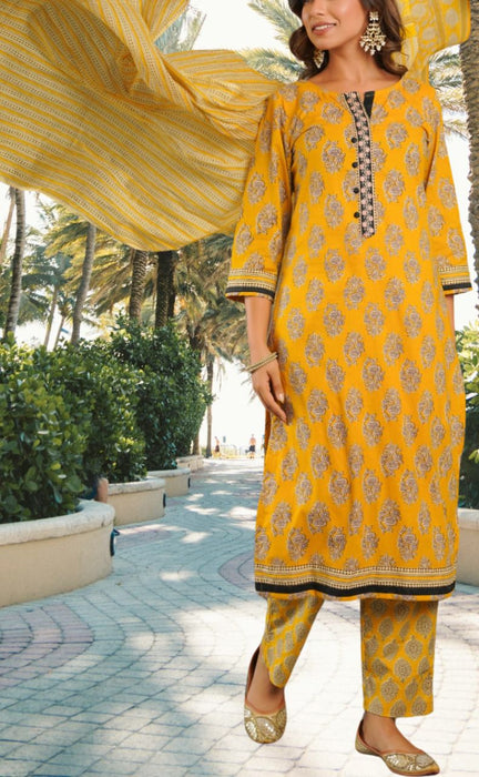 Yellow Floral Jaipur Cotton Kurti With Pant And Dupatta Set.Pure Versatile Cotton. | Laces and Frills