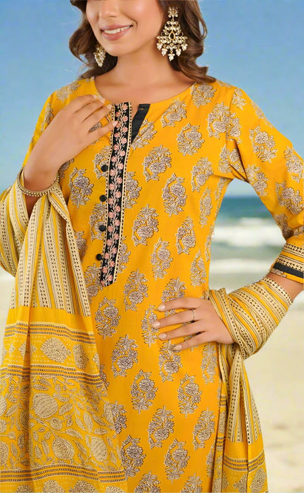 Yellow Floral Jaipur Cotton Kurti With Pant And Dupatta Set.Pure Versatile Cotton. | Laces and Frills