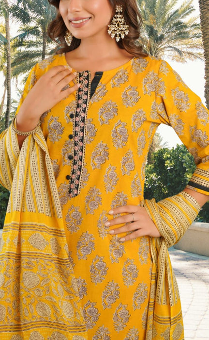 Yellow Floral Jaipur Cotton Kurti With Pant And Dupatta Set.Pure Versatile Cotton. | Laces and Frills