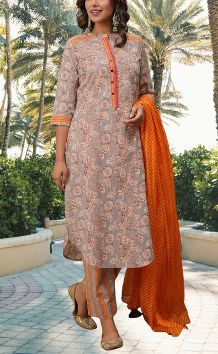 Grey Jaipur Cotton Kurti With Pant And Crushed Dupatta Set.Pure Versatile Cotton. | Laces and Frills