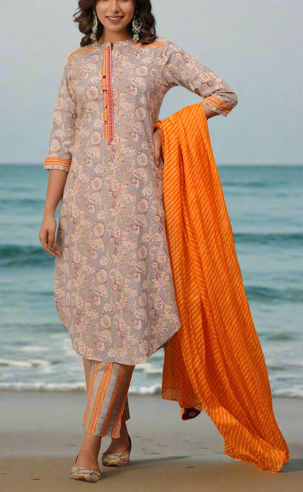 Grey Jaipur Cotton Kurti With Pant And Crushed Dupatta Set.Pure Versatile Cotton. | Laces and Frills