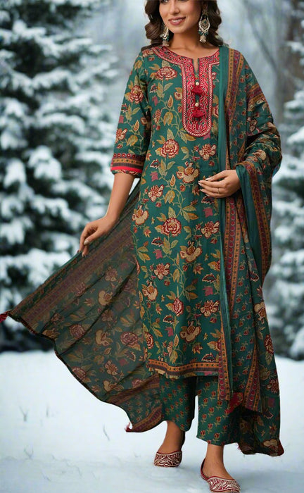 Bottle Green Embroidery Jaipur Cotton Kurti With Pant And Dupatta Set.Pure Versatile Cotton. | Laces and Frills