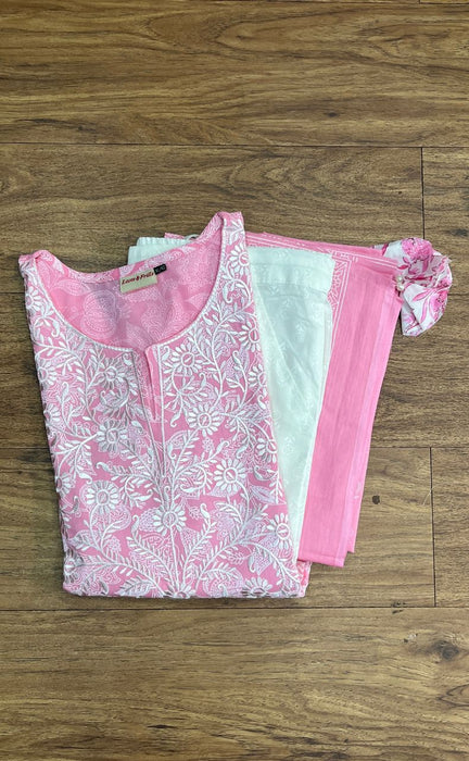 Baby Pink Embroidery Jaipur Cotton Kurti With Pant And Dupatta Set.Pure Versatile Cotton. | Laces and Frills