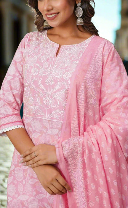 Baby Pink Embroidery Jaipur Cotton Kurti With Pant And Dupatta Set.