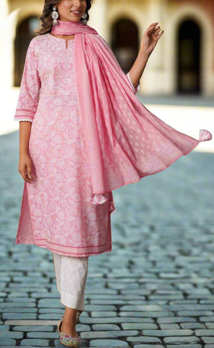 Baby Pink Embroidery Jaipur Cotton Kurti With Pant And Dupatta Set.