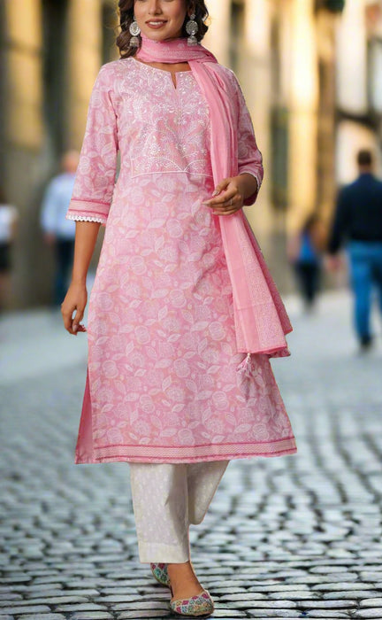 Baby Pink Embroidery Jaipur Cotton Kurti With Pant And Dupatta Set.