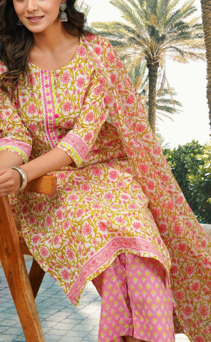 Pink Embroidery Jaipur Cotton Kurti With Pant And Dupatta Set.Pure Versatile Cotton. | Laces and Frills