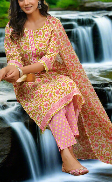 Pink Embroidery Jaipur Cotton Kurti With Pant And Dupatta Set.Pure Versatile Cotton. | Laces and Frills