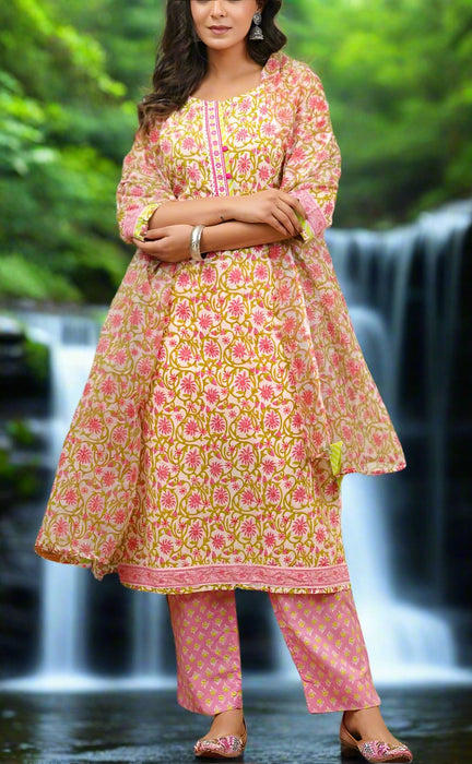 Pink Embroidery Jaipur Cotton Kurti With Pant And Dupatta Set.Pure Versatile Cotton. | Laces and Frills