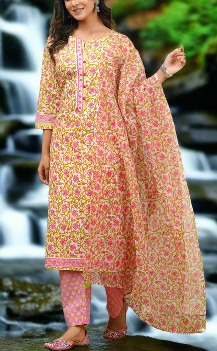 Pink Embroidery Jaipur Cotton Kurti With Pant And Dupatta Set.Pure Versatile Cotton. | Laces and Frills