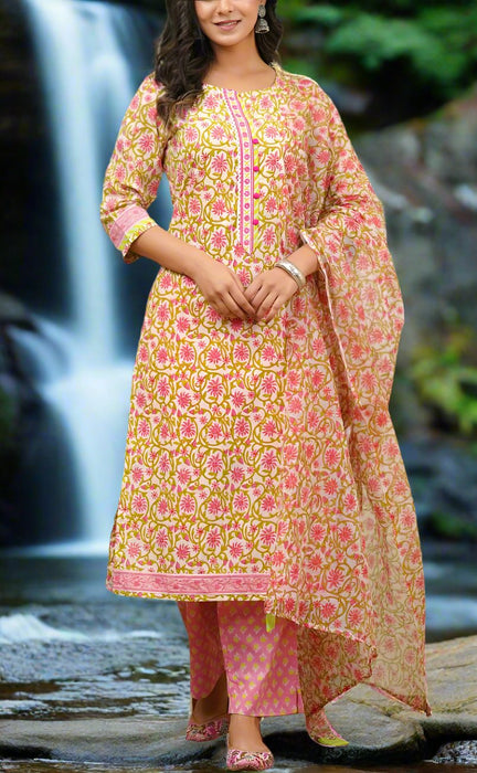 Pink Embroidery Jaipur Cotton Kurti With Pant And Dupatta Set.Pure Versatile Cotton. | Laces and Frills