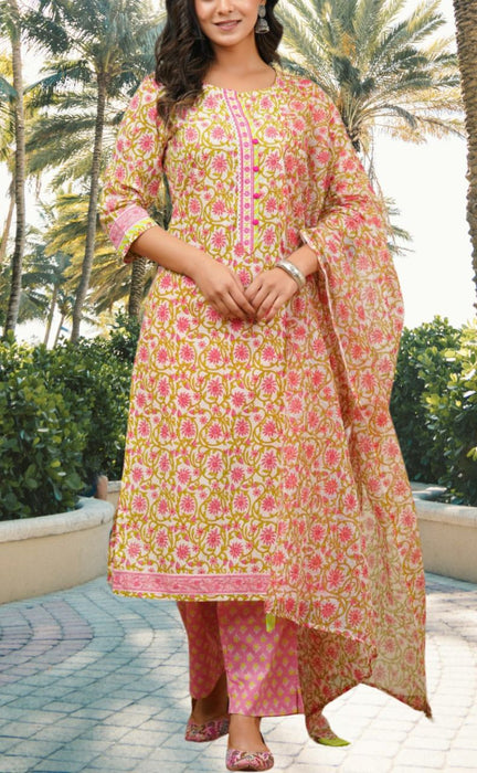 Pink Embroidery Jaipur Cotton Kurti With Pant And Dupatta Set.Pure Versatile Cotton. | Laces and Frills