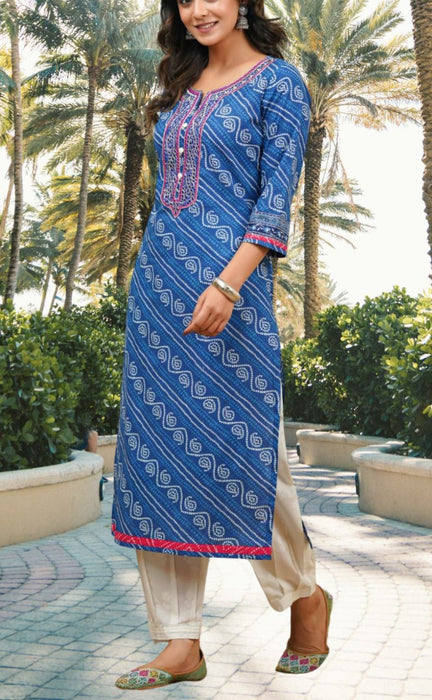 Blue Bandini Jaipur Cotton Kurti With Pant And Crushed Dupatta Set.Pure Versatile Cotton. | Laces and Frills