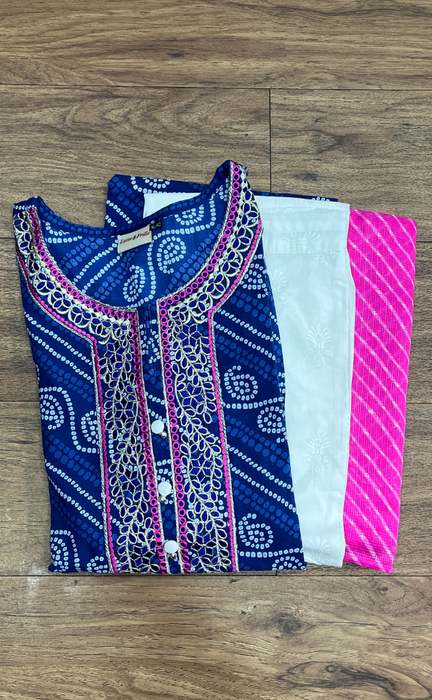 Blue Bandini Jaipur Cotton Kurti With Pant And Crushed Dupatta Set.Pure Versatile Cotton. | Laces and Frills