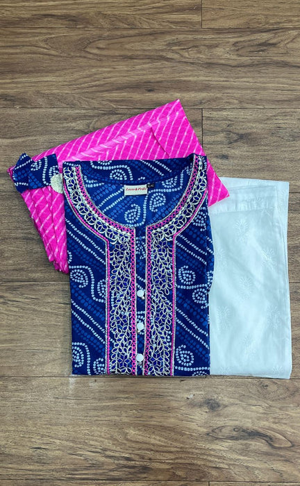 Blue Bandini Jaipur Cotton Kurti With Pant And Crushed Dupatta Set.Pure Versatile Cotton. | Laces and Frills