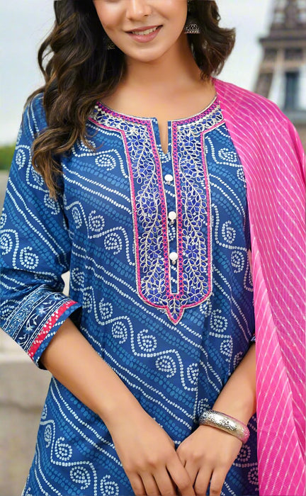 Blue Bandini Jaipur Cotton Kurti With Pant And Crushed Dupatta Set.Pure Versatile Cotton. | Laces and Frills