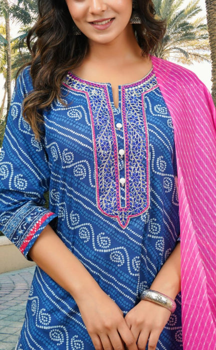 Blue Bandini Jaipur Cotton Kurti With Pant And Crushed Dupatta Set.Pure Versatile Cotton. | Laces and Frills