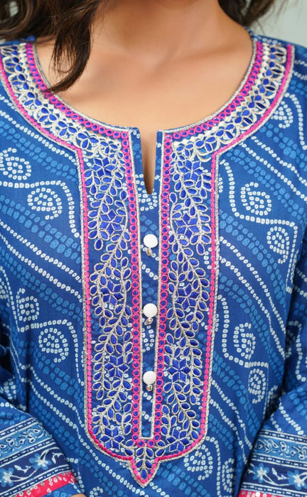 Blue Bandini Jaipur Cotton Kurti With Pant And Crushed Dupatta Set.Pure Versatile Cotton. | Laces and Frills