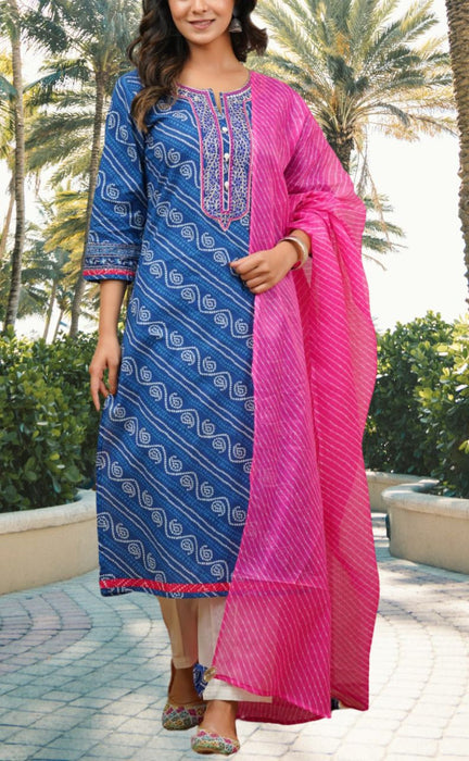 Blue Bandini Jaipur Cotton Kurti With Pant And Crushed Dupatta Set.Pure Versatile Cotton. | Laces and Frills