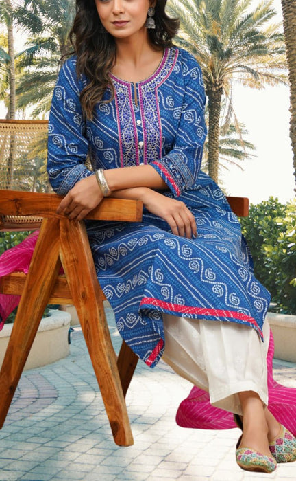 Blue Bandini Jaipur Cotton Kurti With Pant And Crushed Dupatta Set.Pure Versatile Cotton. | Laces and Frills