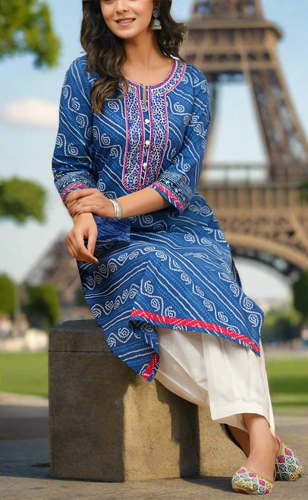 Blue Bandini Jaipur Cotton Kurti With Pant And Crushed Dupatta Set.Pure Versatile Cotton. | Laces and Frills