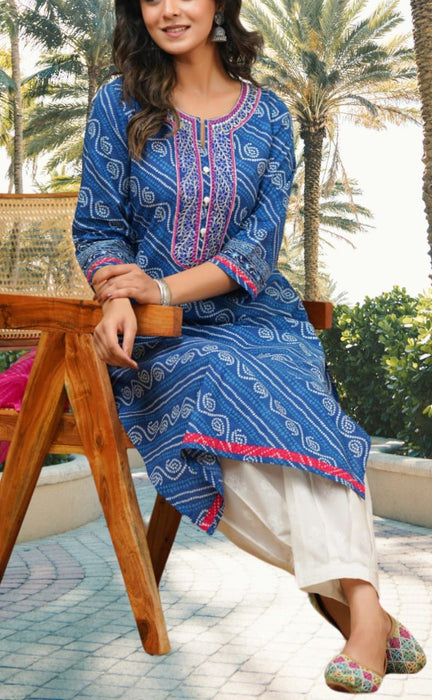 Blue Bandini Jaipur Cotton Kurti With Pant And Crushed Dupatta Set.Pure Versatile Cotton. | Laces and Frills