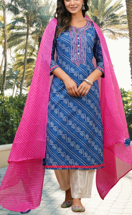 Blue Bandini Jaipur Cotton Kurti With Pant And Crushed Dupatta Set.Pure Versatile Cotton. | Laces and Frills