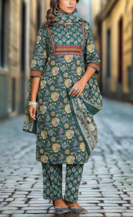 Bottle Green Garden Jaipur Cotton Kurti With Pant And Dupatta Set.