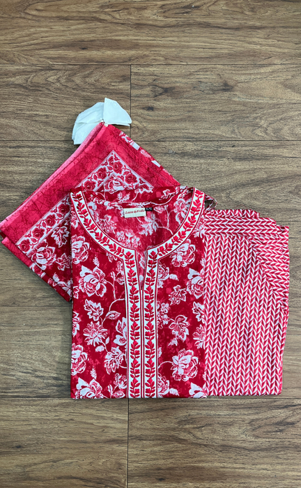 Red Garden Jaipur Cotton Kurti With Pant And Dupatta Set.Pure Versatile Cotton. | Laces and Frills