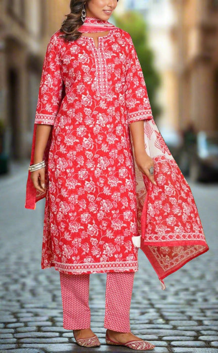 Red Garden Jaipur Cotton Kurti With Pant And Dupatta Set.