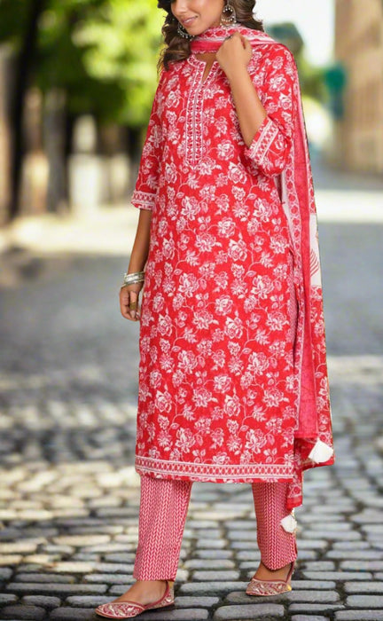 Red Garden Jaipur Cotton Kurti With Pant And Dupatta Set.