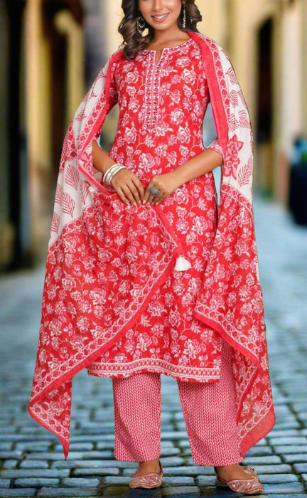 Red Garden Jaipur Cotton Kurti With Pant And Dupatta Set.